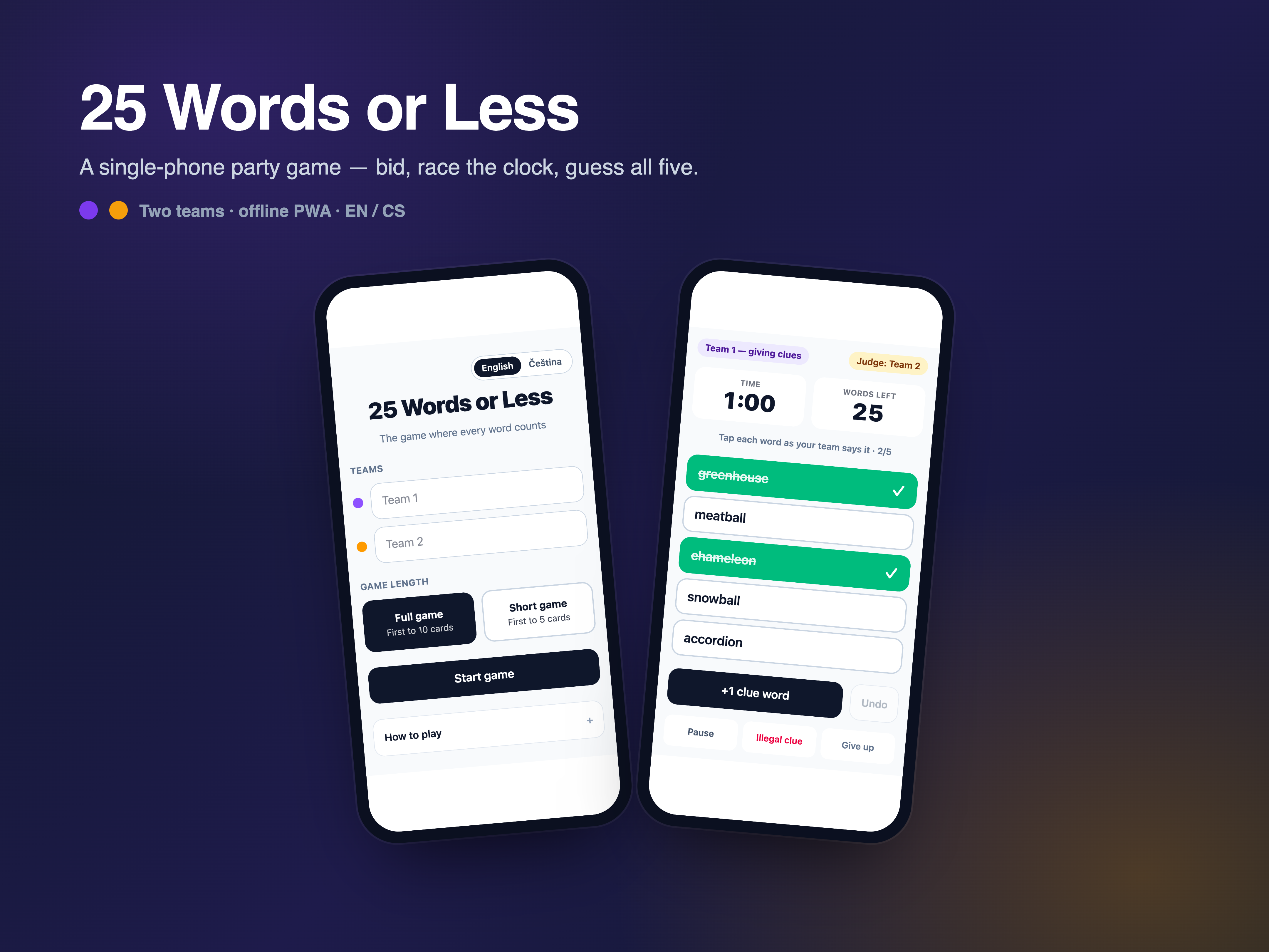 25 Words or Less — phone mockups of the setup and in-game play screens
