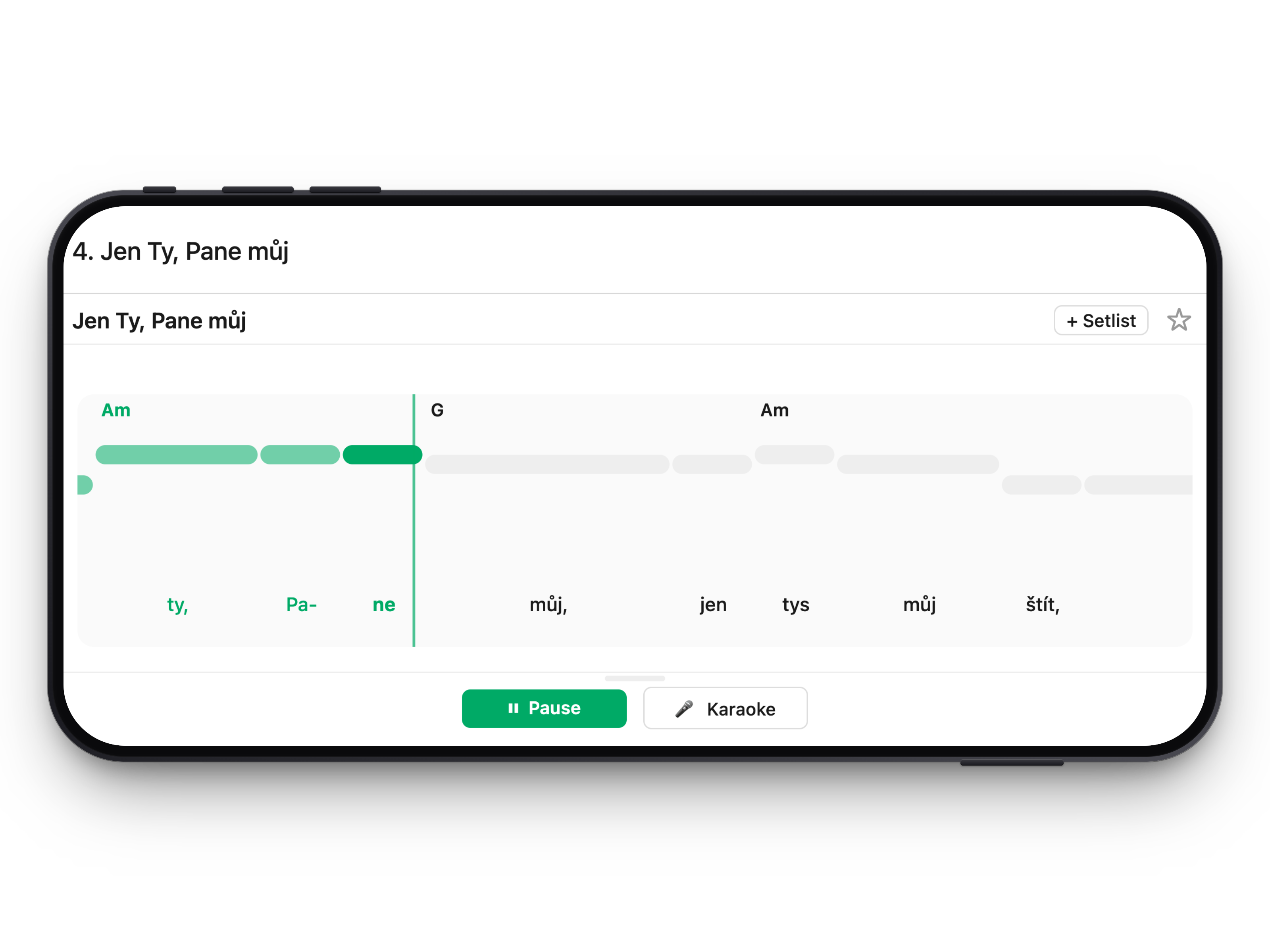Zpěvník running on iPhone in landscape — karaoke mode for "Jen Ty, Pane můj" with chord changes (Am, G) above the syllable timeline and Pause / Karaoke controls
